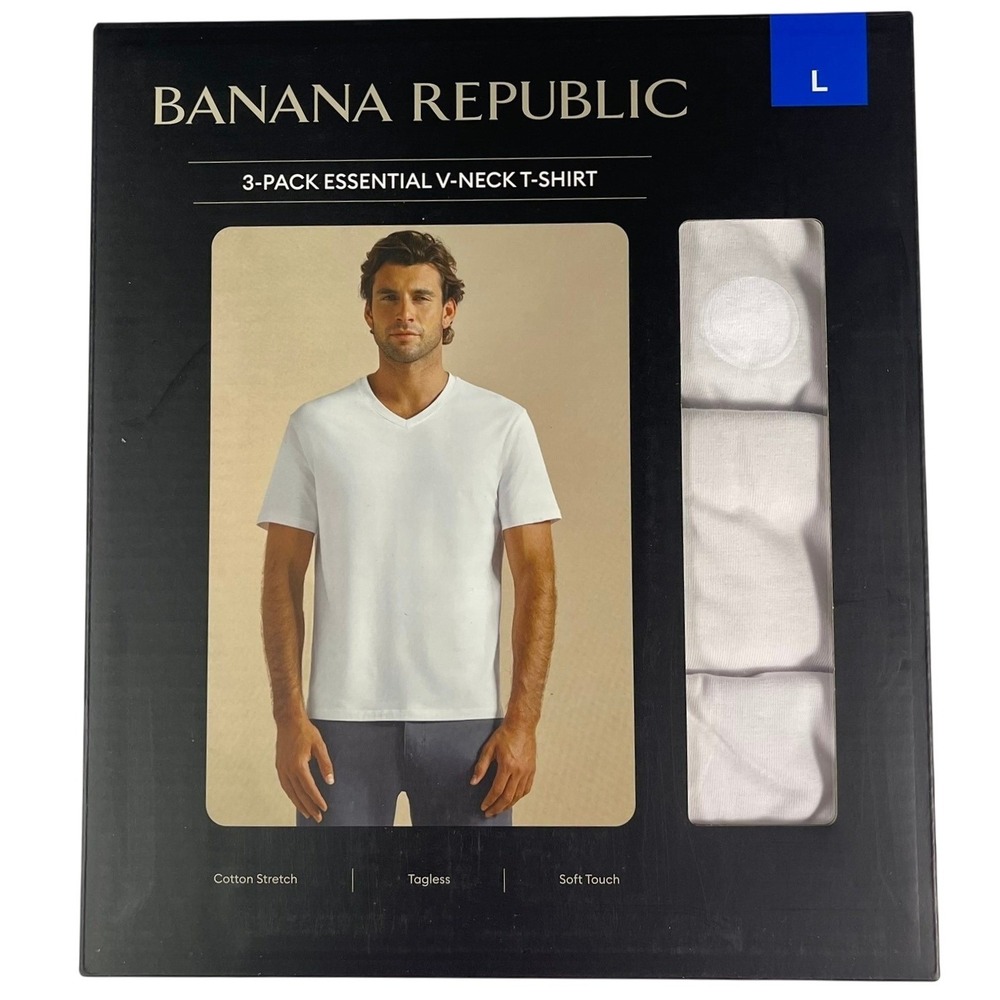 Banana Republic Mens 3-Pack Essential V-Neck T-Shirt White Cotton Stretch Large